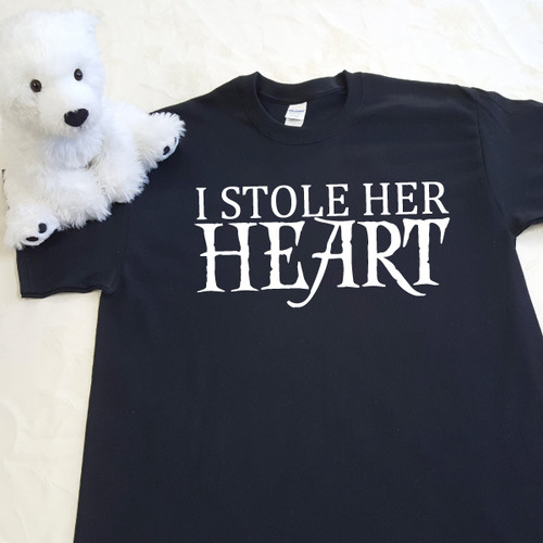 Black I stole her heart adult t-shirt