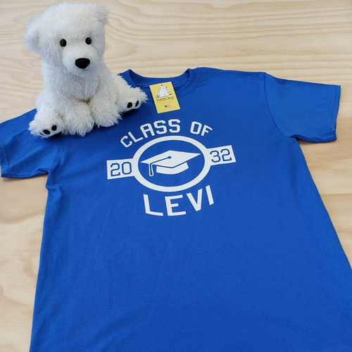 Royal blue graduation cap in circle adult shirt