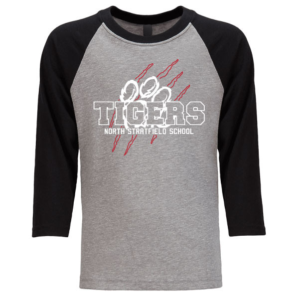 North Stratfield School Tigers Claw Raglan Baseball Style 3/4 Sleeve Youth Tee Shirt