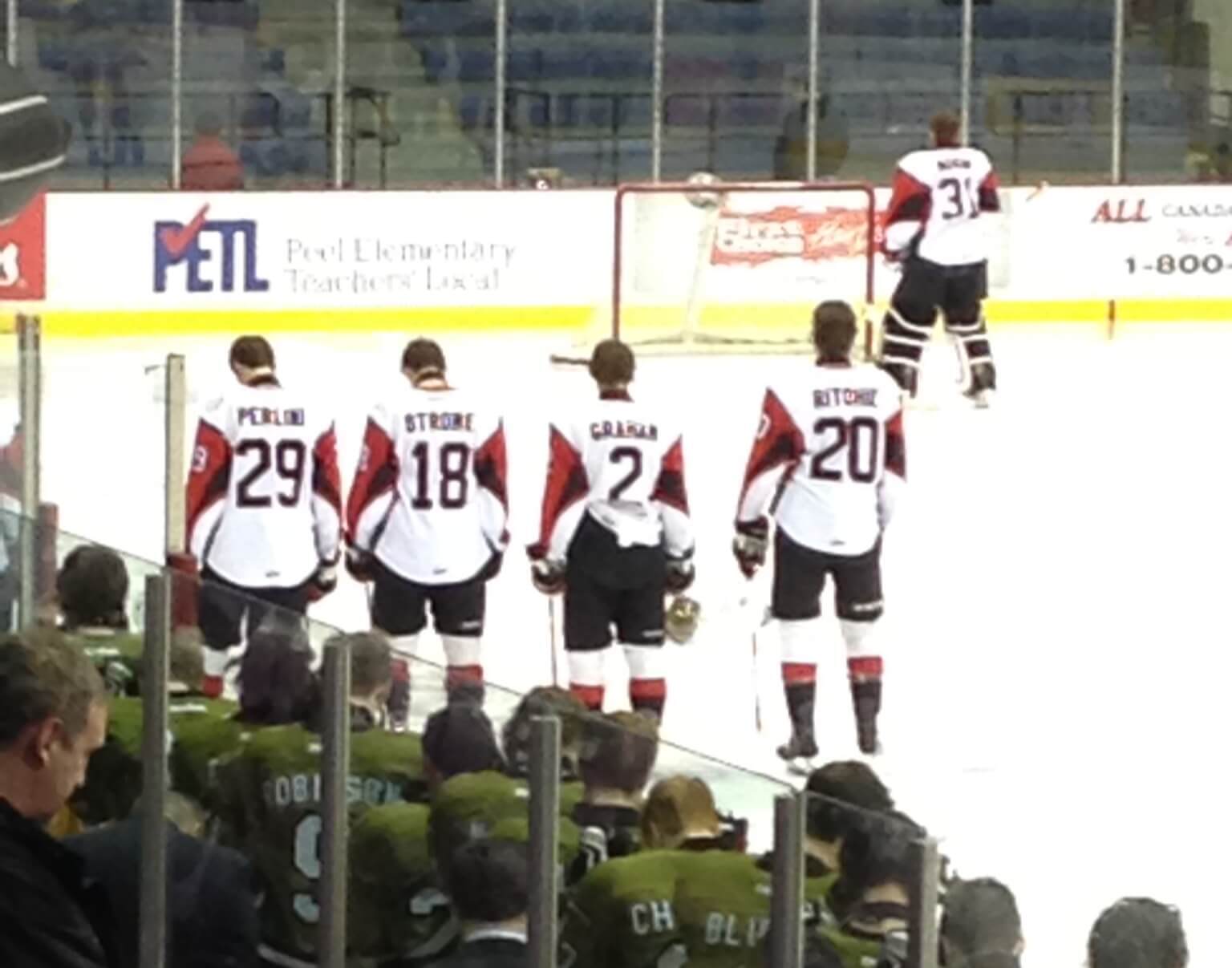 Figure 21 January 2013 at 16 years old after being traded, going from what I thought to be a disaster situation to lining up with three NHL draft picks on the opening draw in the picture.