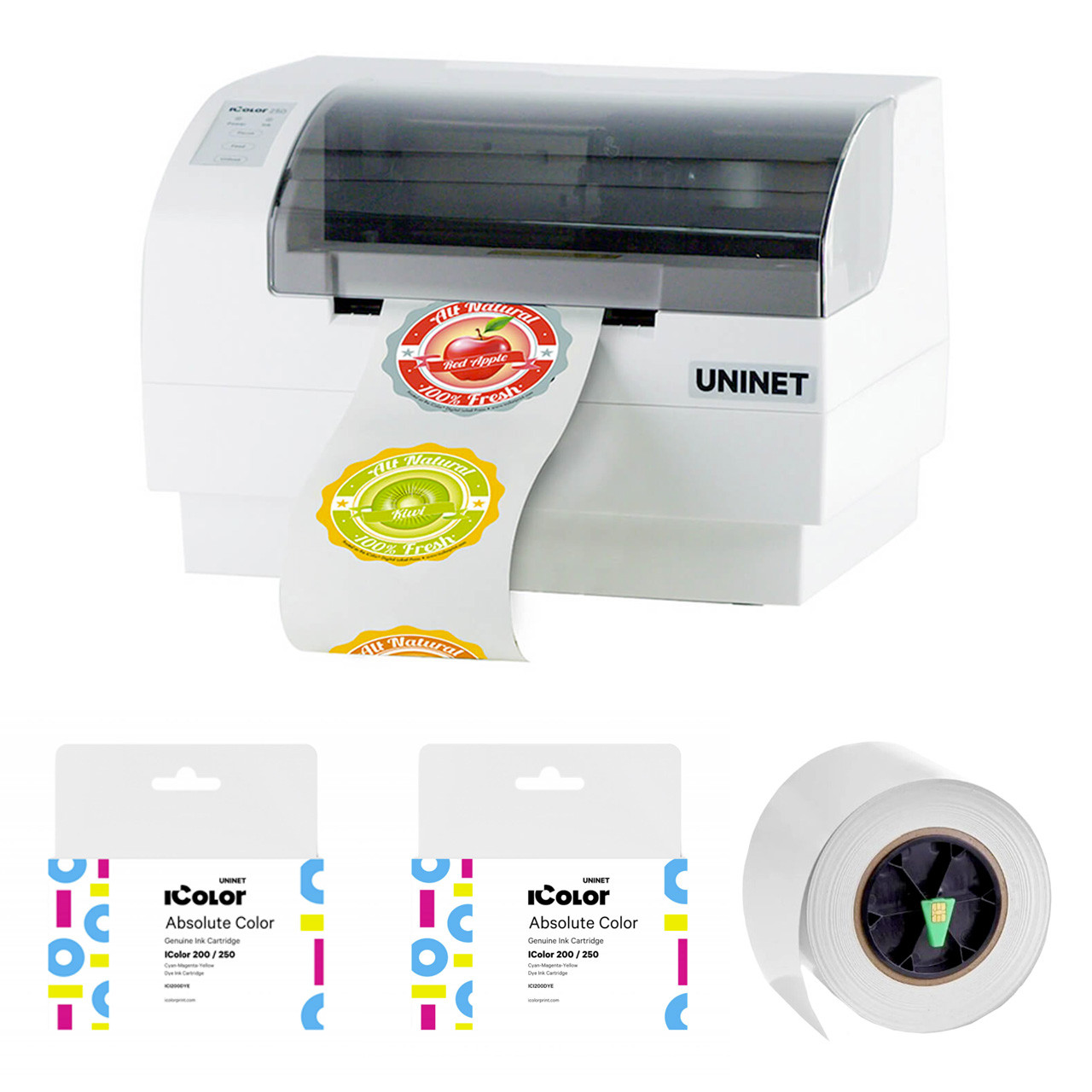 UniNet icolor 250 Label Printer Bundle with Dye Ink Plus Pigment Ink Set  and Media