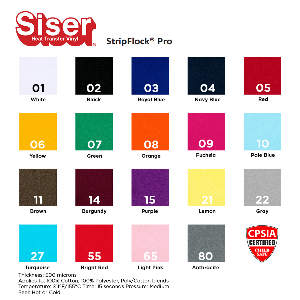 SISER STRIPFLOCK Heat Transfer Vinyl Color Options Chart