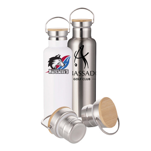 Stainless Steel Water Bottle with Bamboo Lid - 750mL White or Silver