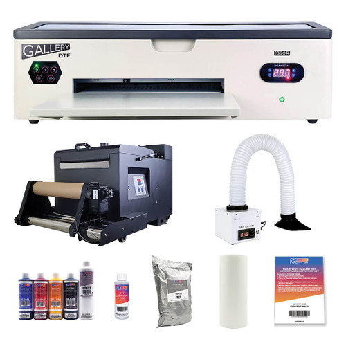Gallery DTF Printer Bundle 1390R, CMYKW Inks, DTF Powder, Cold Peel Film, Software, Inline Roll Shaker & Oven With Filter