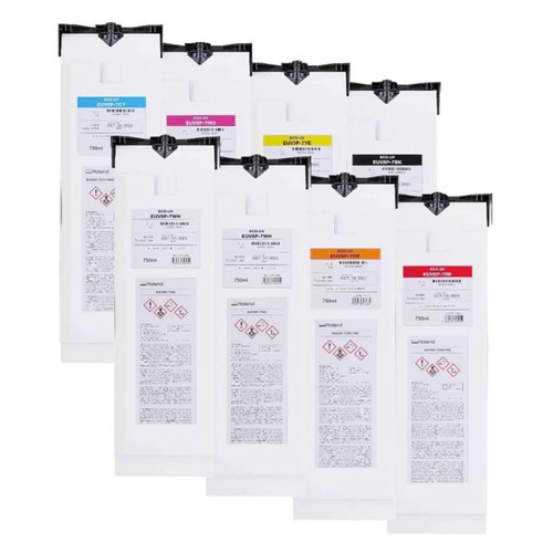 Roland EUV5 UV 750 ml Ink Pouch Set CMYKWhWhReOr & Cleaning Pouch