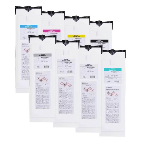 Roland EUV5 UV 750 ml Ink Pouch Set CMYKGlWhWh with Primer & Cleaning Pouch