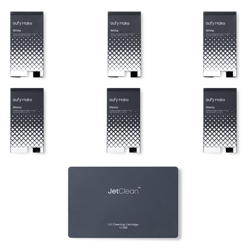 eufyMake E1 UV 3D Texture Ink Cartridge Set with JetClean Cartridge (3x White + 3x Gloss & Cleaner)