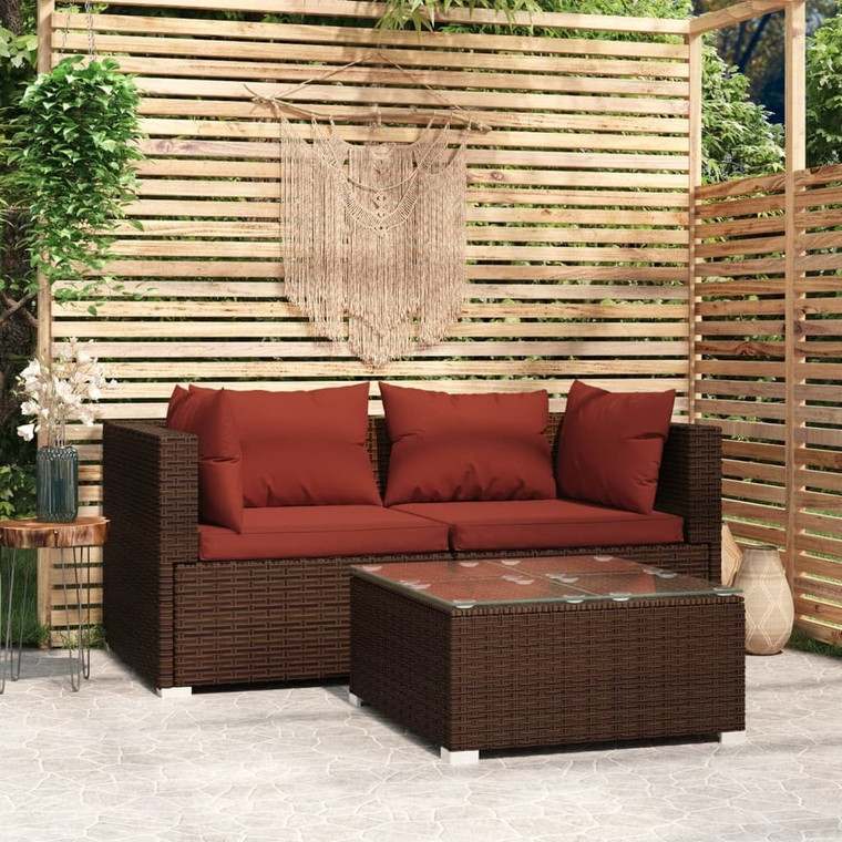 Patio Furniture Set 3 Piece with Cushions Brown Poly Rattan A949-317543