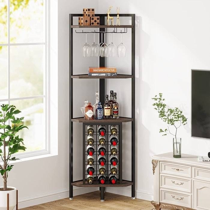 Industrial Corner Wine Rack Storage Shelving Unit with Glass Holders Q280-TRIGHSD154112