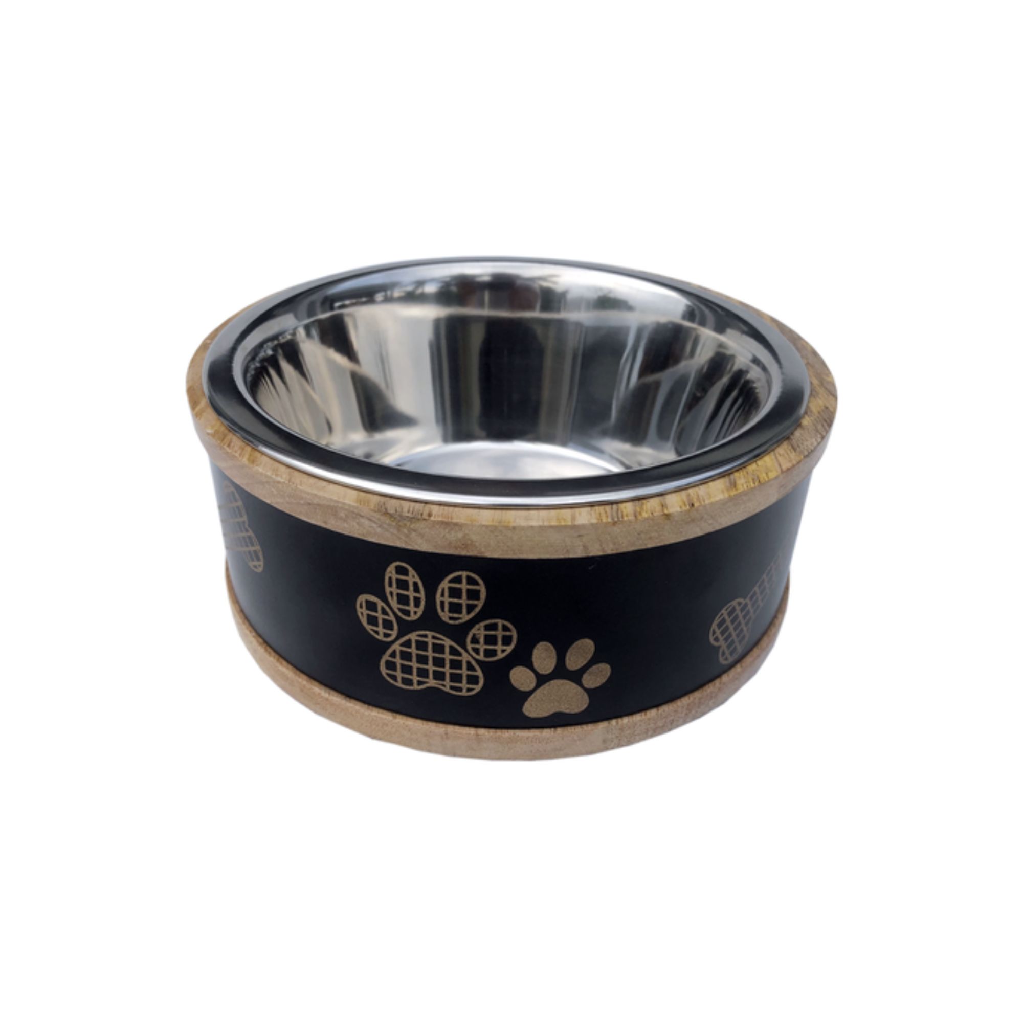 IndiPet - Wooden Ring With Metal Plate Paw Print Dog Bowl