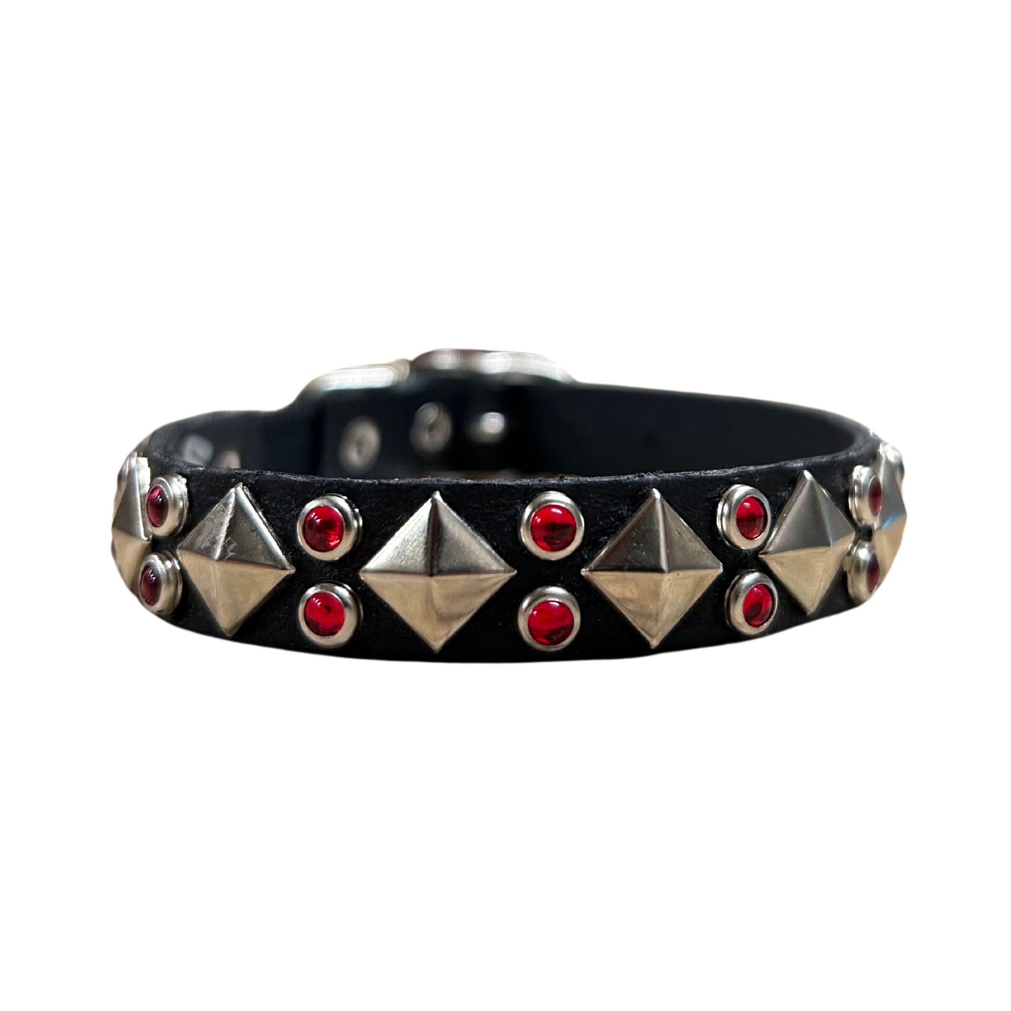 RN Design - Cat Collar - Harlequin Black /  Silver Metal Offset Pyramids / Siam 1/2'' x 12''