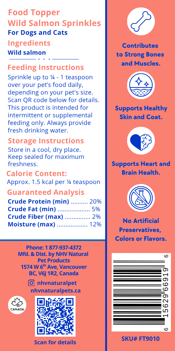 salmon sprinkles food topper for dogs and cats label