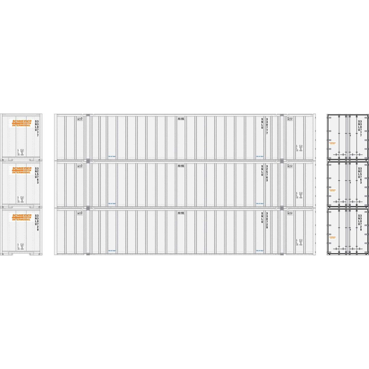 Athearn 40128 53' Stoughton Containers (3) Schneider National HO