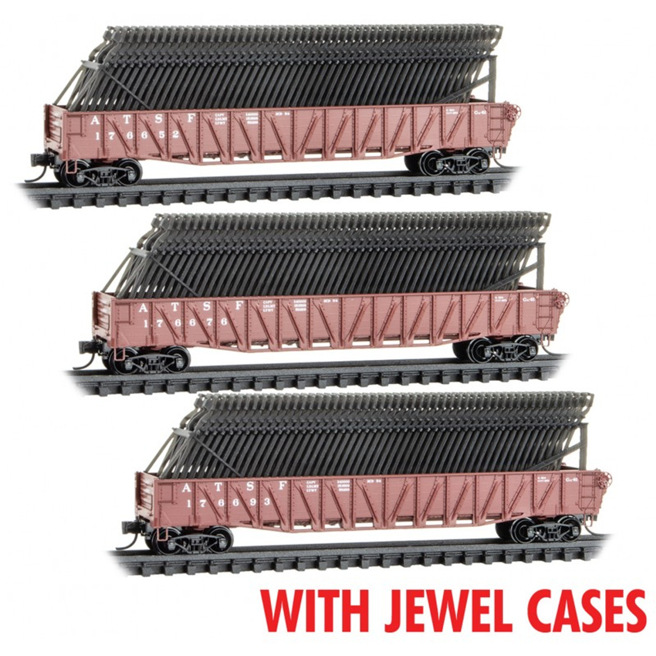 Micro-Trains Line 98302242 - 50' Composite Gondola w/ Frame Load 3 pk  (Jewel Cases) Atchison, Topeka and Santa Fe (ATSF) 176652, 176676, 176693 -  N 