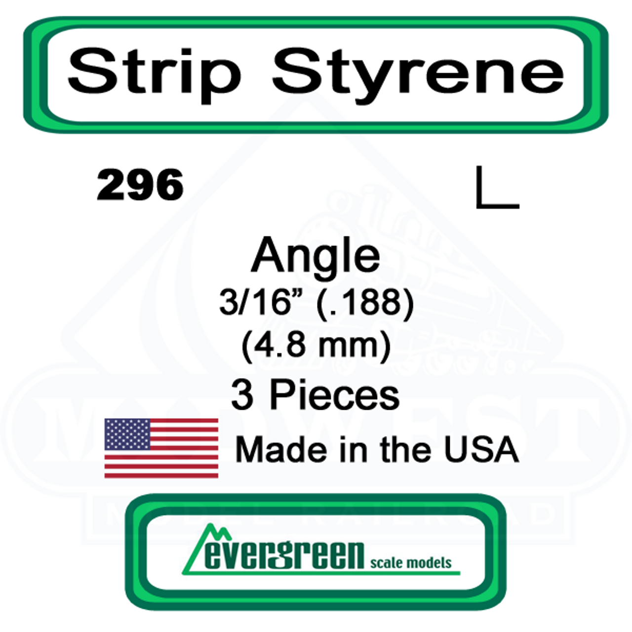 Evergreen Strip Styrene 296 3 Pieces .3/16" Angle