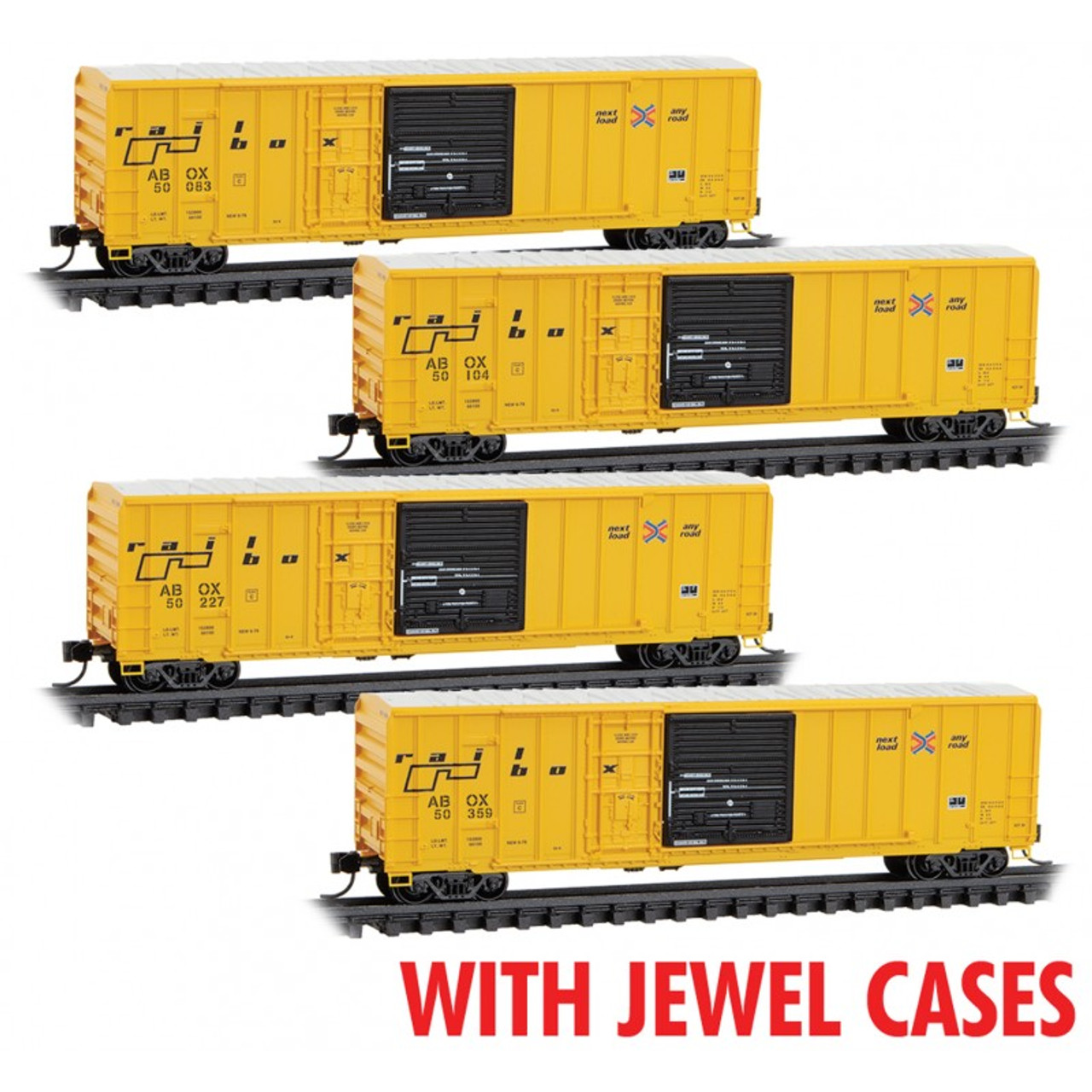 Micro-Trains Line 98300223 - 50' Railbox 4 Pack JEWEL Cases TTX (ABOX)  50083, 50104, 50227, 50359 - N Scale