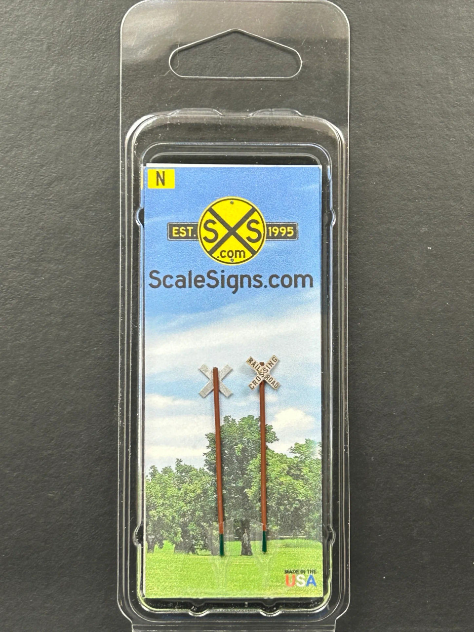 Model Train Crossbuck ScaleSigns N-2008C - Crossbuck on Pole - N Scale - Midwest Model Railroad
