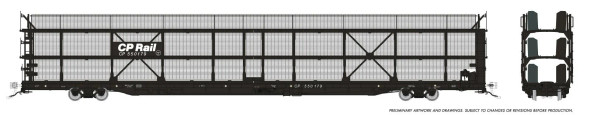 PRE-ORDER: Rapido 1024103A-550196 - NSC 89' Tri-Level Autorack Canadian Pacific (CP) 550196 Black Panel w/ mesh - HO Scale