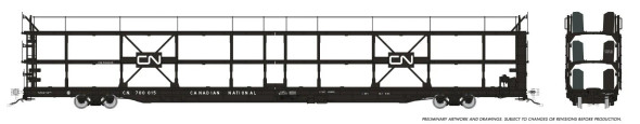 PRE-ORDER: Rapido 1024104A-700087 - NSC 89' Tri-Level Autorack Canadian National (CN) 700087 Delivery - HO Scale