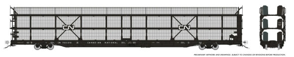 PRE-ORDER: Rapido 1024105 - NSC 89' Tri-Level Autorack (6-Pack) Canadian National (CN) 700210, 700217, 700221, 700230, 700238, 700252 Late w/ mesh - HO Scale