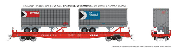 PRE-ORDER: Rapido 1130504A-505811 - Marine Industries Piggyback Flatcar w/ 2 26' Trailers Canadian Pacific (CP) 505811 - HO Scale