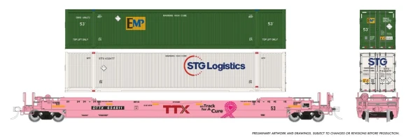 PRE-ORDER: Rapido 1132001 - 53' Husky-Stack well car + containers TTX (DTTX) "On Track for a Cure": #475412 - HO Scale