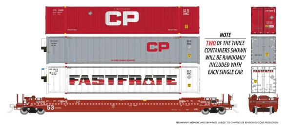 PRE-ORDER: Rapido 1132004A-527006 - 53' Husky-Stack well car + containers Canadian Pacific (CP) 527006 - HO Scale