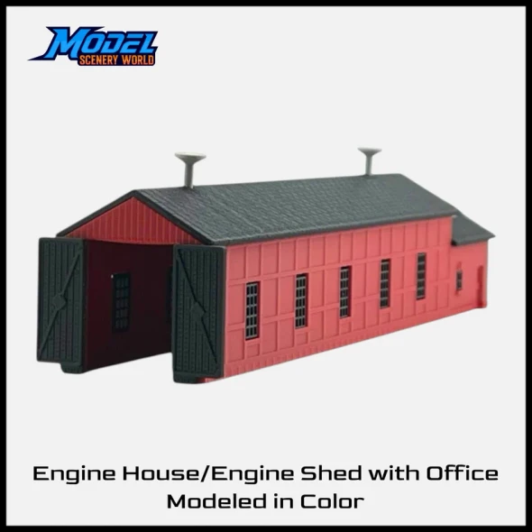 Model Scenery World N191 - Single Engine Shed with Office Kit Red/Black  - N Scale