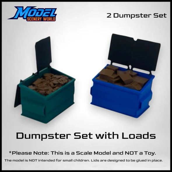 Model Scenery World N285 - Dumpster Set with Trash & Recycling Loads  - N Scale