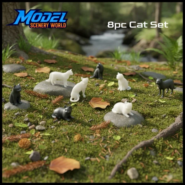 Model Scenery World HO099 - Cat Figure Set - Black & White (8pc)  - HO Scale
