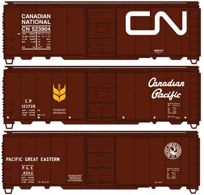 Accurail 8193 - AAR 40' Single-Door Steel Boxcar 3-Pack -  CN 523904, CP123728, PGE 4062 - HO Scale Kit