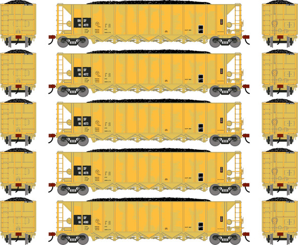 PRE-ORDER: Athearn 3837 - Ortner 5-Bay Rapid Discharge Hopper w/Coal Load (5) BNSF 664070/664072/664073/664078/664080 (patched/Primed for Grime) - HO Scale
