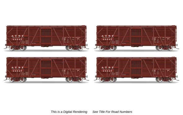 PRE-ORDER: Broadway Limited 10720 - 40' Wood Stock Car 4-Pack (No-Sound) Atchison, Topeka and Santa Fe (ATSF) 68695, 68757, 68796, 68823 - HO Scale