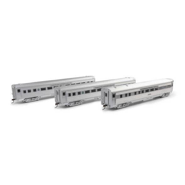Athearn Roundhouse 3526 - Streamline Passenger Cars (3) BNSF 29 'Valley View' Coach/64 'Marias Pass' Coach/6 'Topeka' Observation - HO Scale