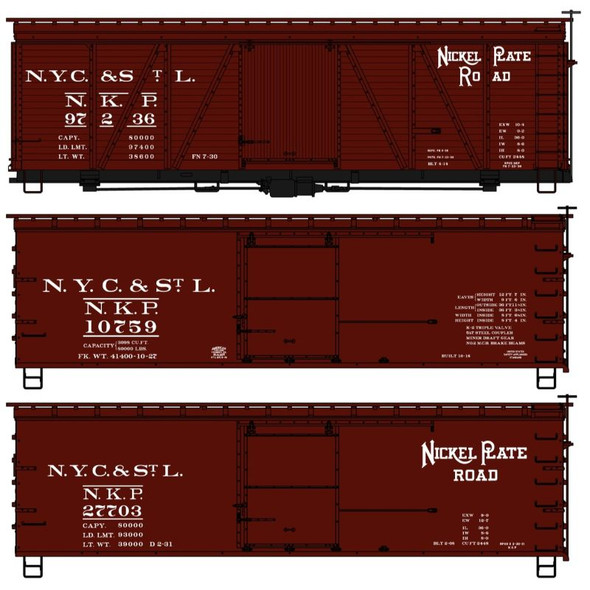 Accurail 8140 - 36' Boxcar (3) Nickel Plate Road (NKP) 97236, 10759, 27703 - HO Scale Kit