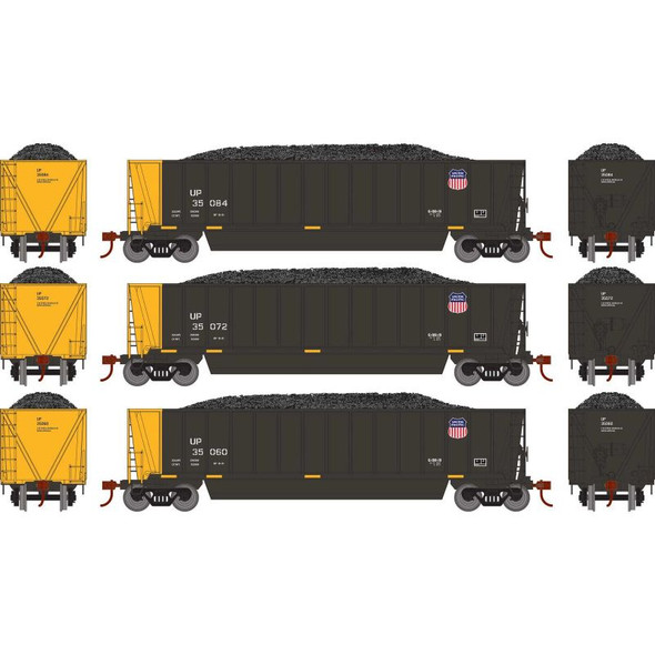 Athearn 29643 - Bathtub Gondola w/ Load (Set #3, 3 pack)  Union Pacific (UP) 35084, 35072, 35060 - HO Scale