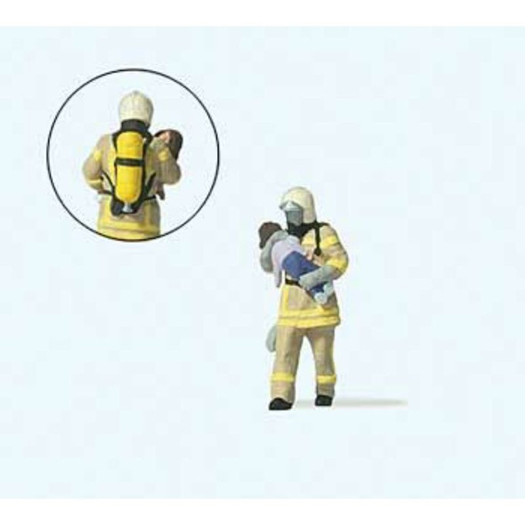 Preiser 28252 - Modern Firefighter Saving Child Individual Figure -- Beige Uniform  - HO Scale