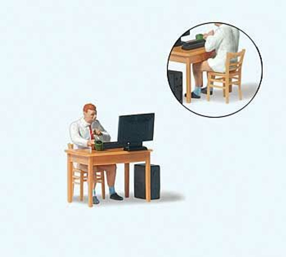 Preiser 28250 - Home Office Individual Figure -- With Chair, Desk and Computer  - HO Scale