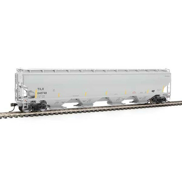 Walthers Proto 920-105866 - 67' Trinity 6351 4-Bay Covered Hopper - Ready to Run -- Trinity Industries Leasing (gray, yellow conspicuity stripes) Trinity Industries (TILX) 640748 - HO Scale