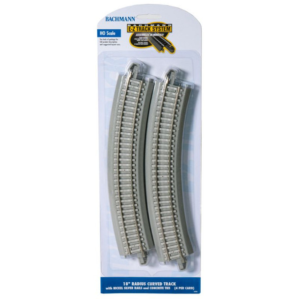 Bachmann 44701 - 18" Radius Curved Track w/ Nickel Silver Rail & Gray Roadbed, White Ties E-Z Track 4pcs - HO Scale