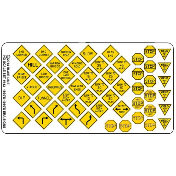 Blair Line 143 - Highway Signs -- Vintage Warning/Stop 1930s-1950s (black, yellow)   - HO Scale Kit