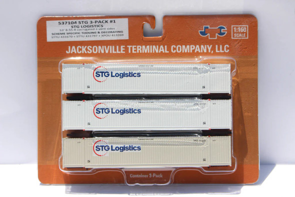 Jacksonville Terminal Co 537104 - 53' 8-55-8 corrugated 2-vent sides STG Logistics variety pack w/XPO patch STG Logistics (STTU) 431670, 431797, XPOU 413269 - N Scale