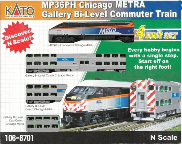 Kato 106-8701 - MP36PH Chicago Metra Gallery Bi-Level Commuter Train Set, 4-unit Set Metra (METX)  - N Scale
