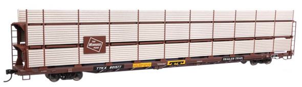 Walthers Mainline 910-8317 - 89' Flatcar w/Tri-Level Shielded Auto Rack Milwaukee Road (MILW) TTKX 801577 - HO Scale