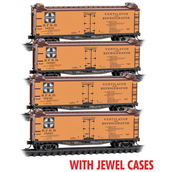 Micro-Trains Line 98300221 - 40' Double-Sheathed Wood Side Reefer 4-Pack (Jewel Cases) Atchison, Topeka and Santa Fe (ATSF) 14931, 14968, 15246, 15263 - N Scale