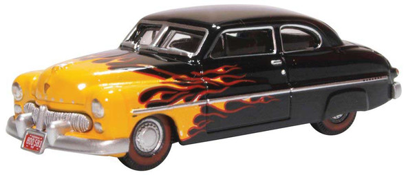 Oxford Diecast 87ME49009 - 1949 Mercury Eight Coupe Hot Rod (black, yellow flames) - HO Scale