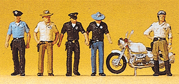 Preiser 10370 - USA Police & Motorcycle -- 5 Officers, 1 Motorcycle  - HO Scale