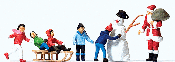 Preiser 10626 - Christmas Figure Set in Merry Christmas Box -- Santa Claus, 5 Children, Snowman & Sled  - HO Scale