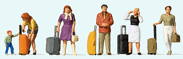 Preiser 10641 - Standing Travelers w/Rolling Suitcases -- pkg(6)  - HO Scale