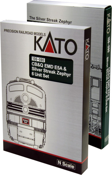 Kato 106-090-DCC - EMD E5 + Silver Streak Zephyr 6 Unit Set w/ DCC Non Sound Chicago, Burlington & Quincy (CB&Q)  - N Scale